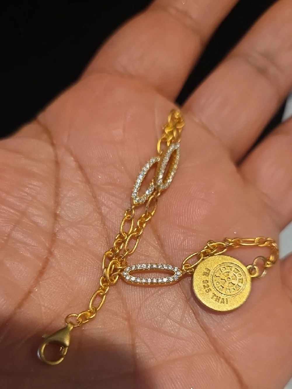 Gold Over Sterling Silver Oval Pave Link Bracelet with Floral Medallion - Picture 4 of 5